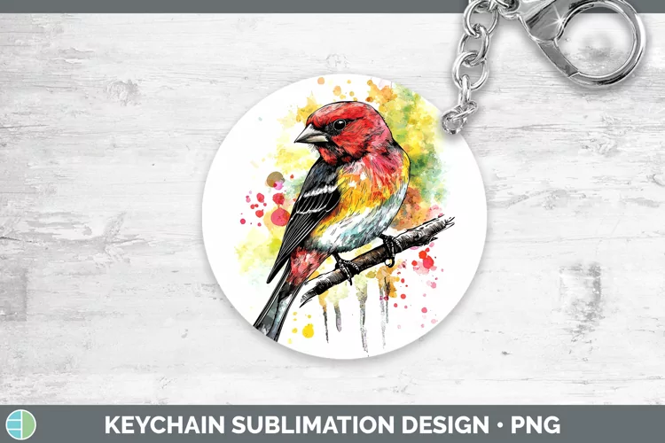 Watercolor Bird Pine Grosbeak Keychain Sublimation Keyring D