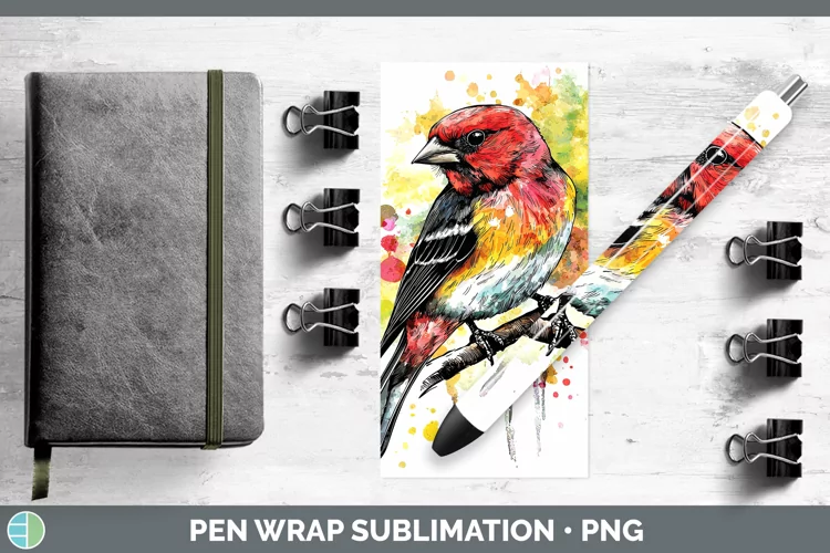 Watercolor Bird Pine Grosbeak Pen Wrap Sublimation Pen Desig