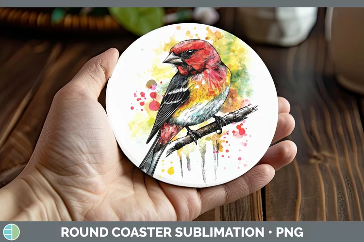 Watercolor Bird Pine Grosbeak Round Coaster Sublimation Coas