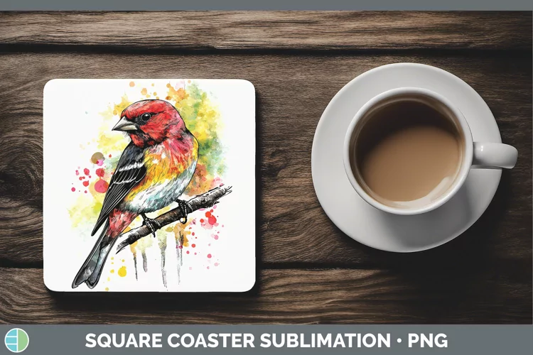 Watercolor Bird Pine Grosbeak Square Coaster Sublimation Coa