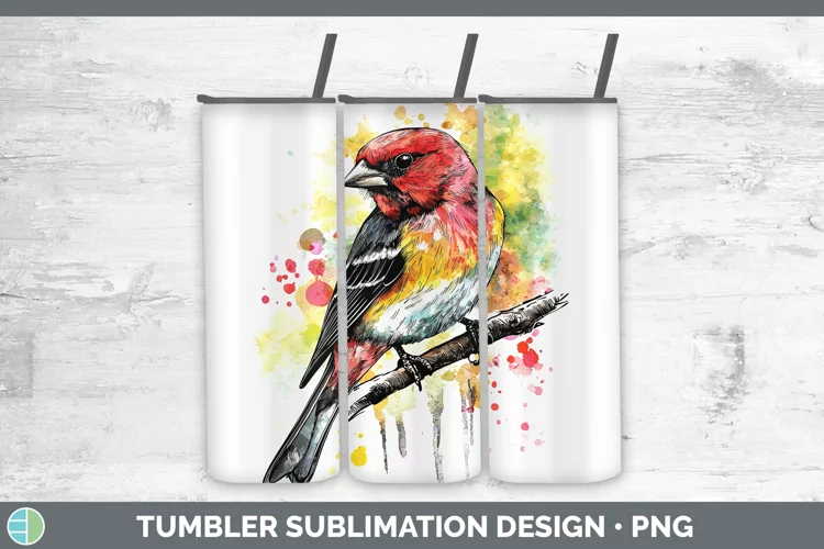 Watercolor Bird Pine Grosbeak Tumbler Sublimation 20 oz Skin