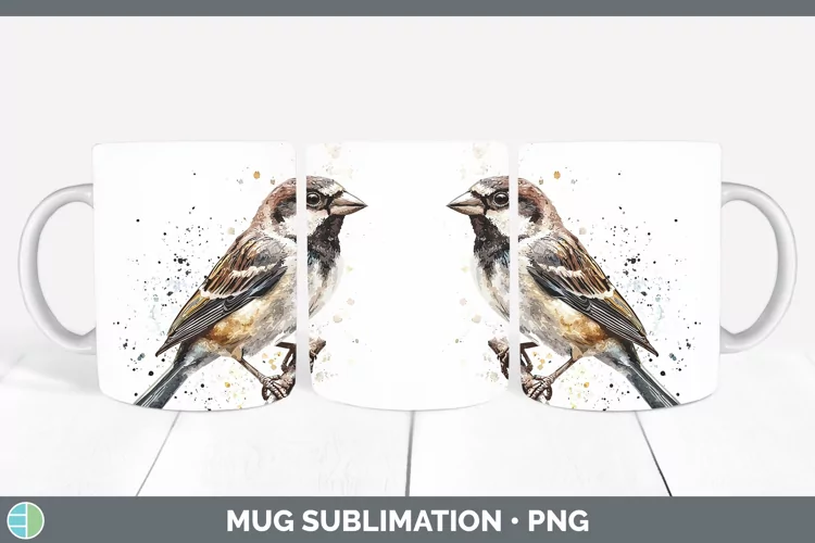Watercolor Bird Sparrow Mug Wrap Sublimation Coffee Cup Desi