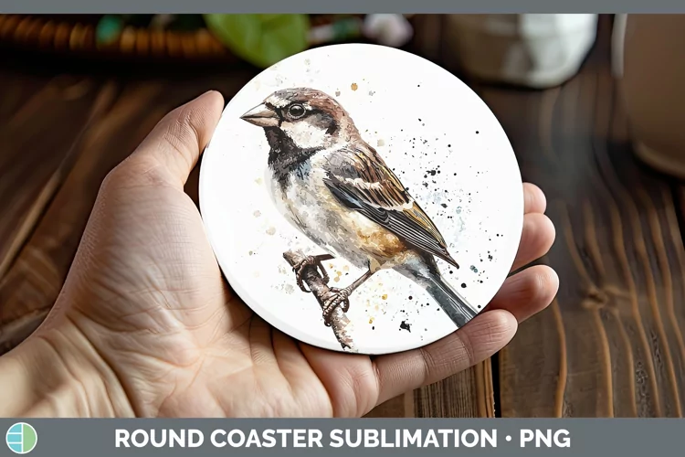 Watercolor Bird Sparrow Round Coaster Sublimation Coaster De