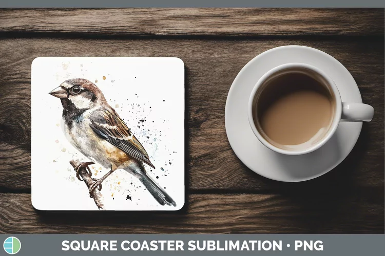 Watercolor Bird Sparrow Square Coaster Sublimation Coaster D