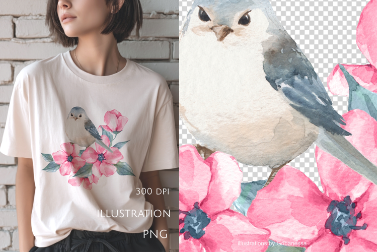 Watercolor Bird with Pink Flowers PNG