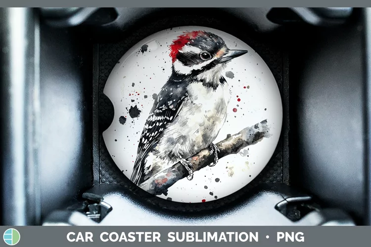 Watercolor Bird Woodpecker Downy Car Coaster Sublimation De