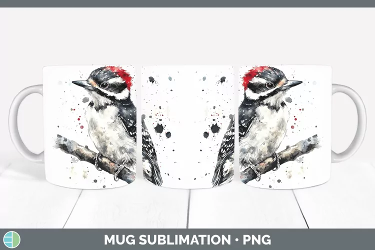 Watercolor Bird Woodpecker Downy Mug Wrap Sublimation Coffee