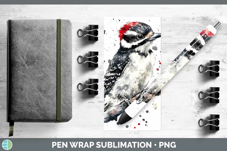Watercolor Bird Woodpecker Downy Pen Wrap Sublimation Pen De