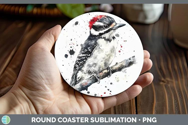 Watercolor Bird Woodpecker Downy Round Coaster Sublimation C