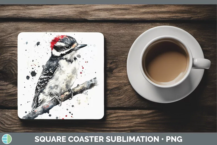 Watercolor Bird Woodpecker Downy Square Coaster Sublimation