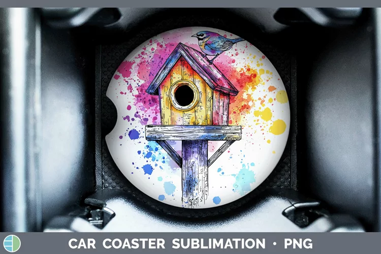 Watercolor Birdhouse Car Coaster Sublimation Designs