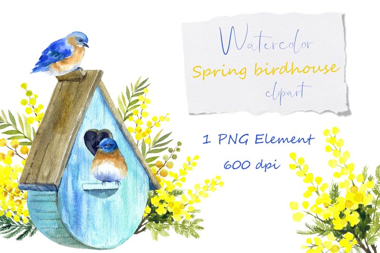 Watercolor Spring Birdhouse, family blue bird, yellow mimosa