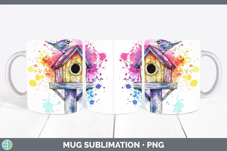Watercolor Birdhouse Mug Wrap Sublimation Coffee Cup Designs