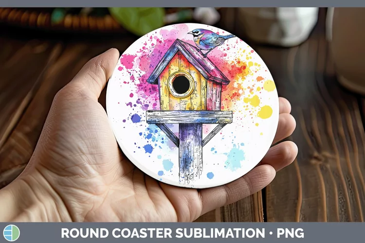Watercolor Birdhouse Round Coaster Sublimation Coaster Desig