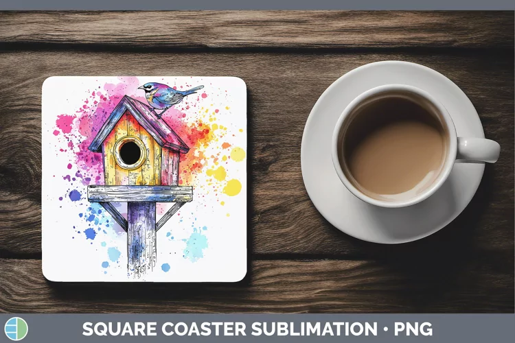 Watercolor Birdhouse Square Coaster Sublimation Coaster Desi