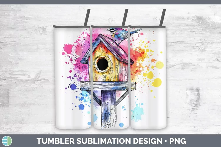 Watercolor Birdhouse Tumbler Sublimation 20 oz Skinny Tumble