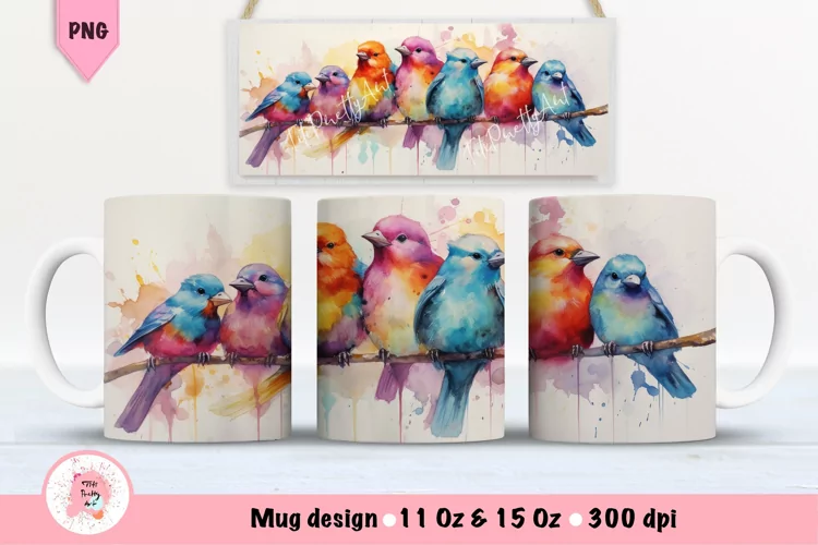 Watercolor Birds Mug Wrap For 11 oz and 15 oz