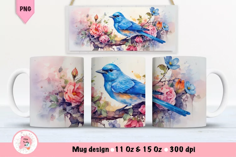 Watercolor Floral Birds Mug Wrap For 11 oz and 15 oz