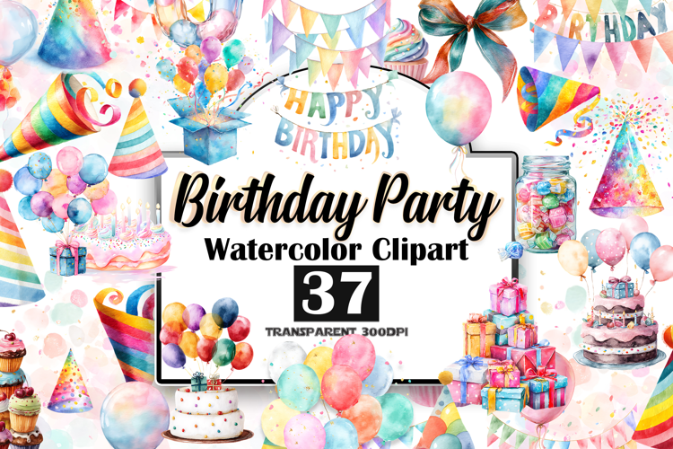 Watercolor Birthday Party Clip Art Cute Celebration Elements