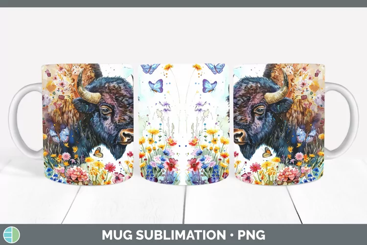 Watercolor Bison Mug Wrap Sublimation Coffee Cup Designs