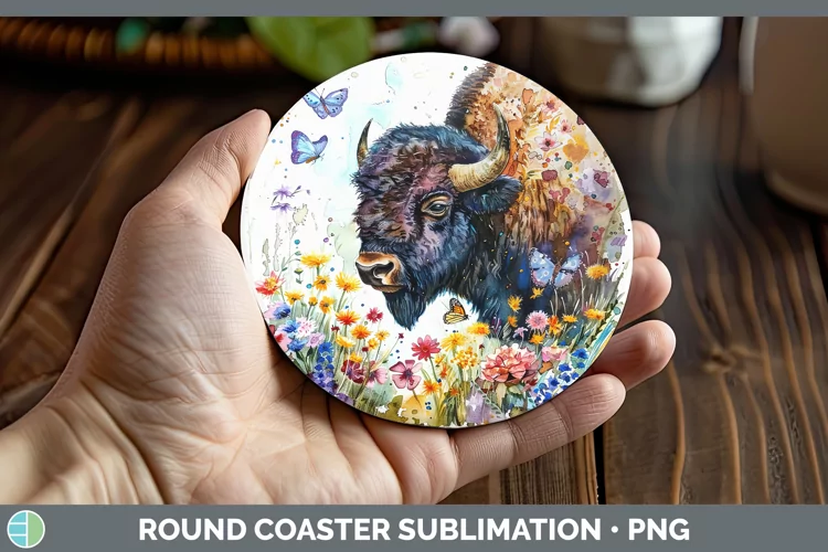 Watercolor Bison Round Coaster Sublimation Coaster Designs