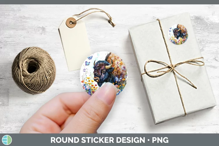 Watercolor Bison Stickers | Round Labels Designs