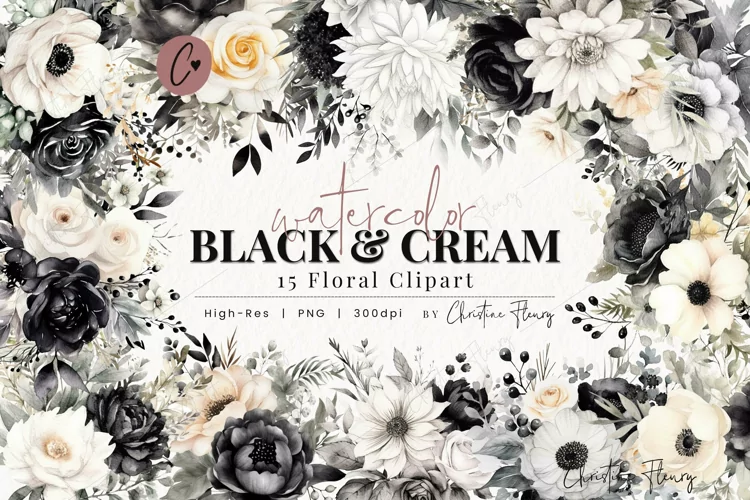 Watercolor Black and Cream Floral Clipart