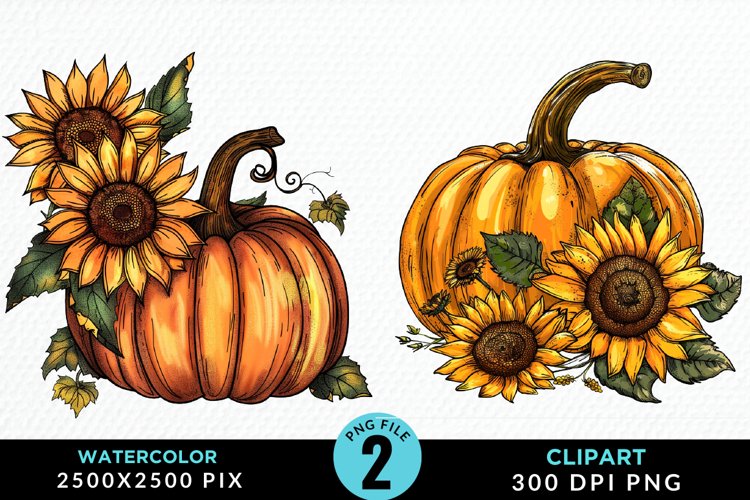 Watercolor Black And Gold Floral Pumpkins Clipart example image 1