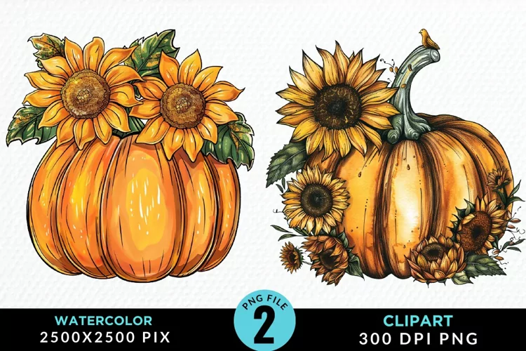 Watercolor Black And Gold Floral Pumpkins Clipart