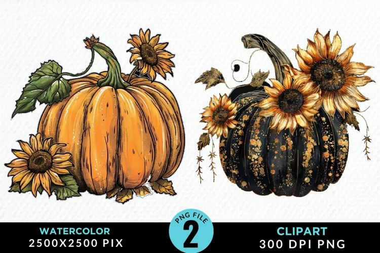 Watercolor Black And Gold Floral Pumpkins Art Clipart
