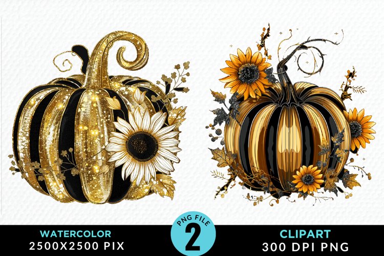 Watercolor Black And Gold Floral Pumpkins Clipart