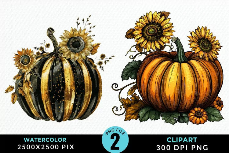 Watercolor Black And Gold Floral Pumpkins Art Clipart