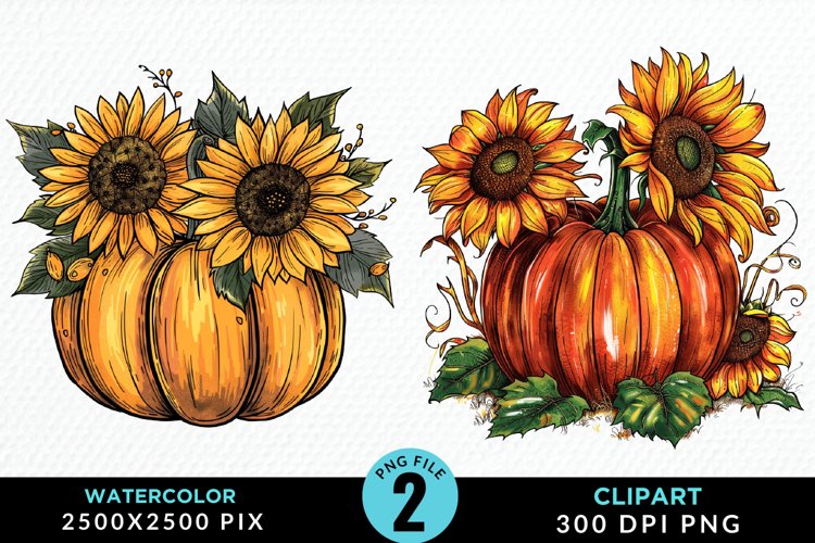 Watercolor Black And Gold Floral Pumpkins Clipart example image 1