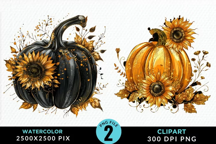 Watercolor Black And Gold Floral Pumpkins Clipart