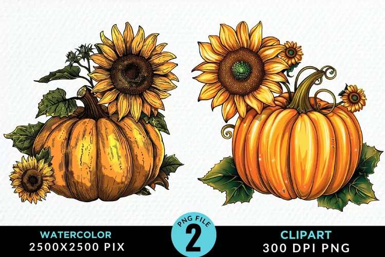 Watercolor Black And Gold Floral Pumpkins Art Clipart