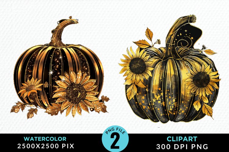 Watercolor Black And Gold Floral Pumpkins Art Clipart example image 1