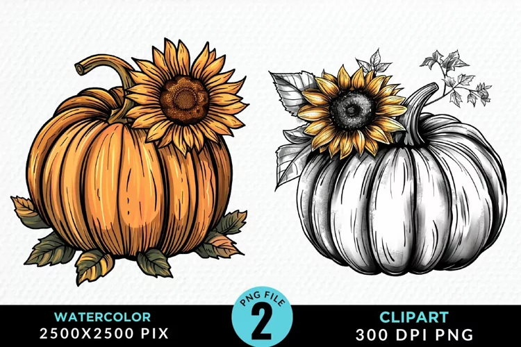 Watercolor Black And Gold Floral Pumpkins Clipart