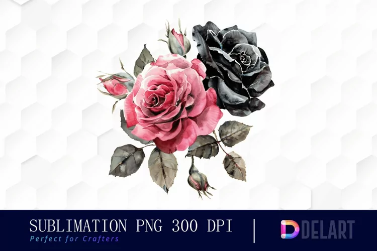 Black and Pink Roses Watercolor Clipart