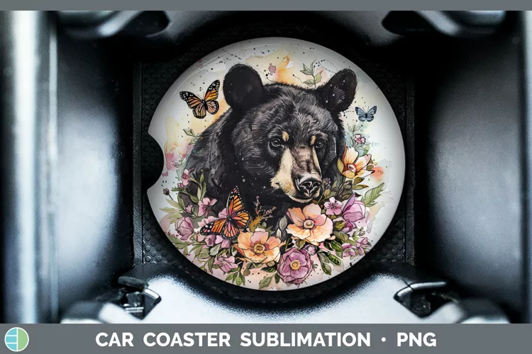 Watercolor Black Bear Car Coaster Sublimation Coaster Design