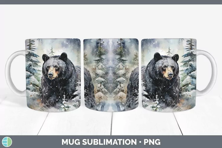 Watercolor Black Bear Mug Wrap | Sublimation Coffee Cup Desi