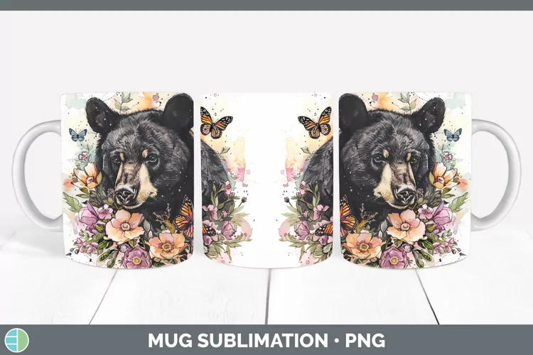 Watercolor Black Bear Mug Wrap Sublimation Coffee Cup Design