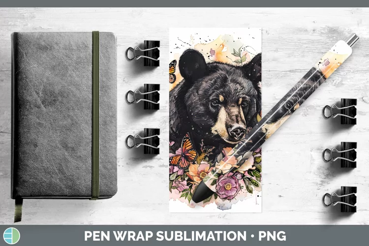 Watercolor Black Bear Pen Wrap Sublimation Epoxy Pen Designs
