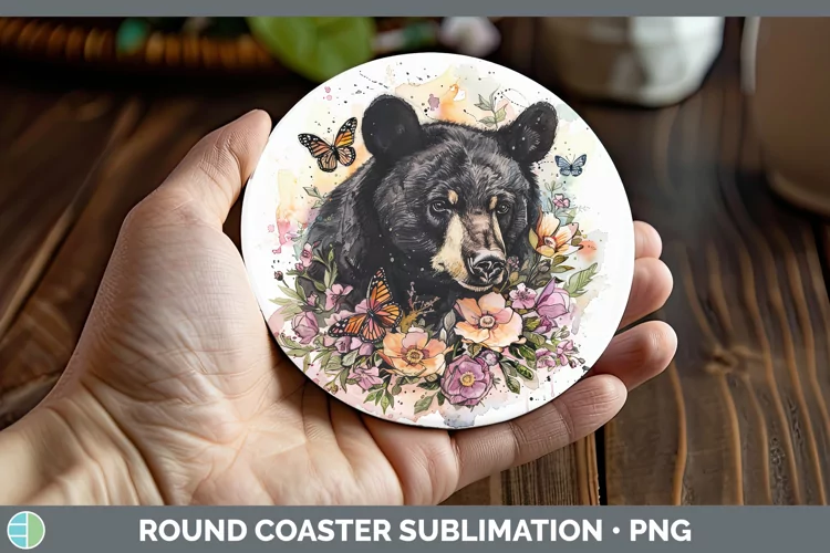 Watercolor Black Bear Round Coaster Sublimation Coaster Desi