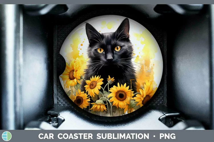 Watercolor Black Cat Car Coaster Sublimation Coaster Designs