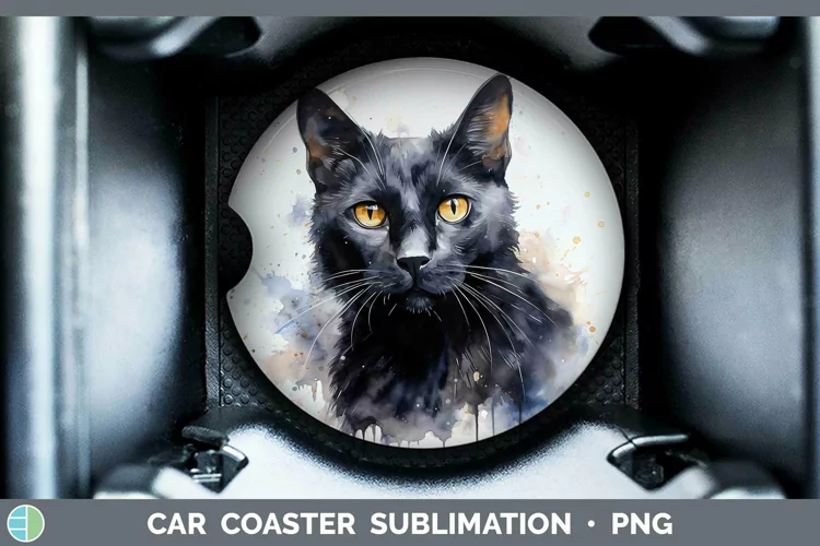 Watercolor Black Cat Car Coaster Sublimation Coaster Designs