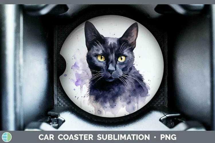 Watercolor Black Cat Car Coaster Sublimation Coaster Designs
