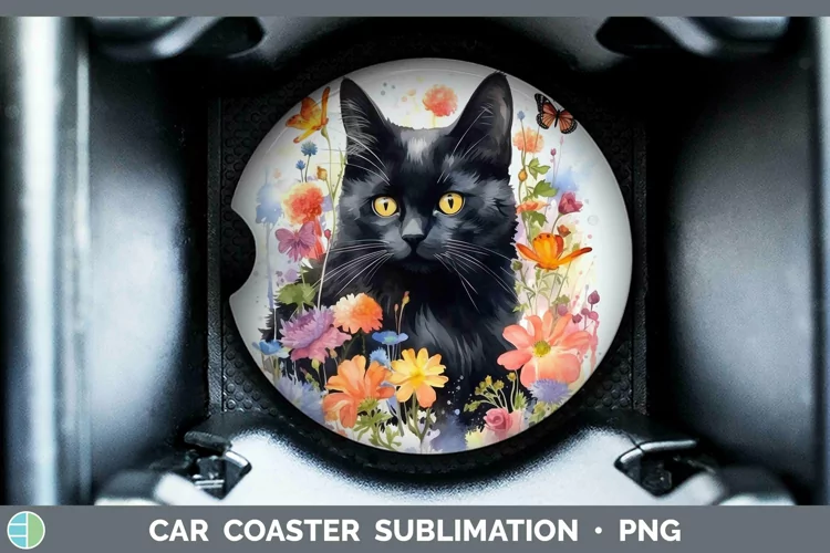 Watercolor Black Cat Car Coaster Sublimation Coaster Designs