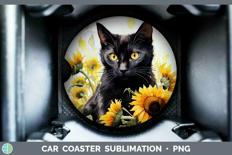 Watercolor Black Cat Car Coaster Sublimation Coaster Designs
