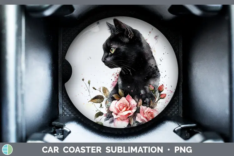 Watercolor Black Cat Car Coaster Sublimation Designs