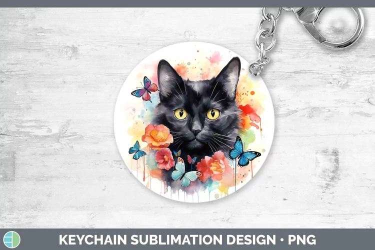 Watercolor Black Cat Keychain Sublimation Keyring Designs